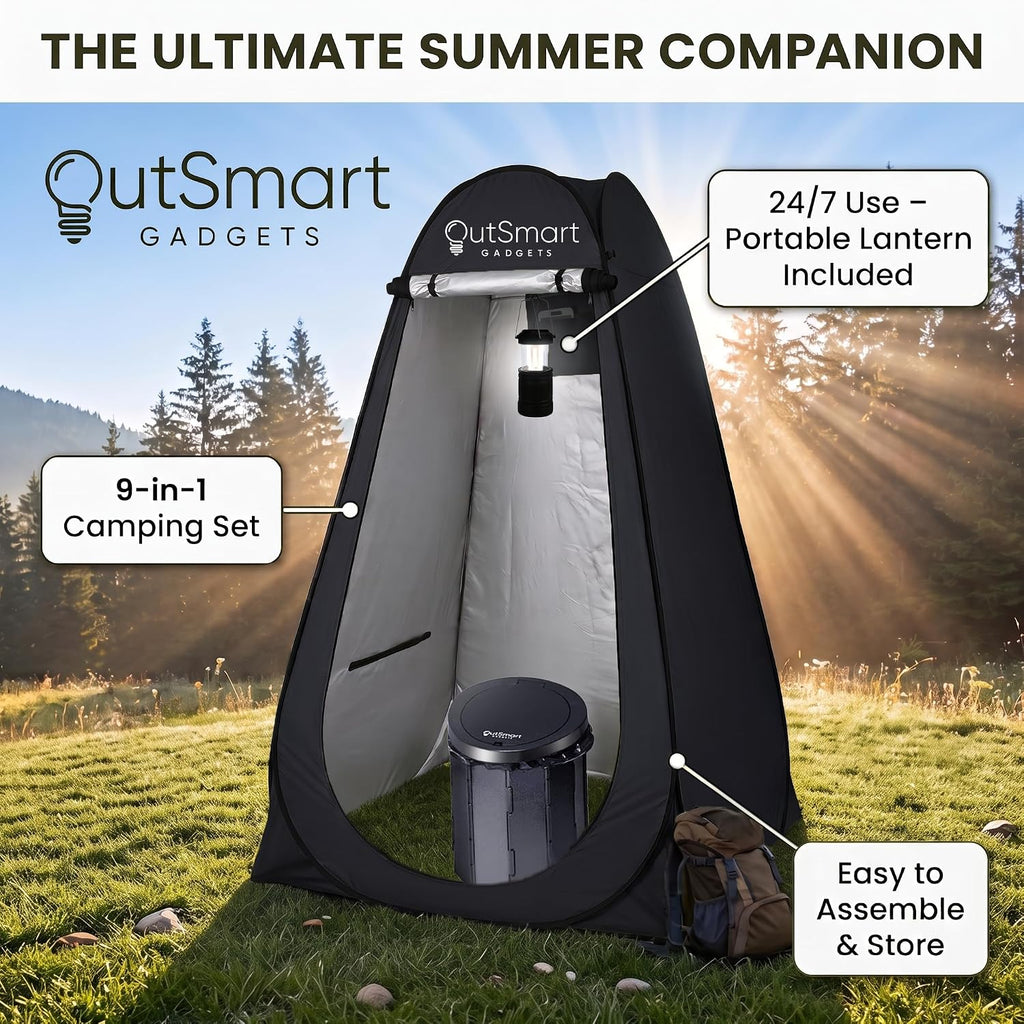Outsmart Gadgets Outdoor Portable Toilet Set for Adults with Camping Night Lantern, Folding XL Toilet, Pop Up Privacy Tent and Carry Bags, Multipurpose Potty, Washable and Foldable for RV Travel