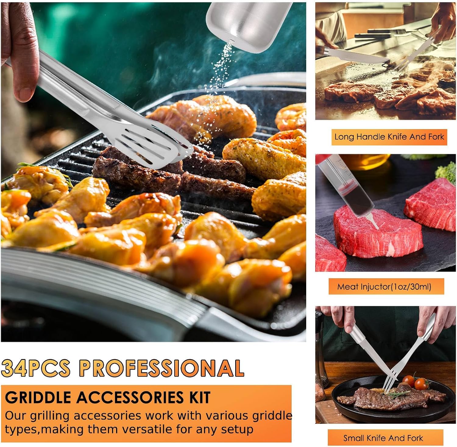 Yoehka BBQ Grilling Accessories Set, 34Pcs Heavy Duty Grill Tools, Brown | For Outdoor Camping, Grilling Gifts for Fathers Day, Men Dad, Stainless Steel Barbecue Utensils Kit, Includes Mats and Glove