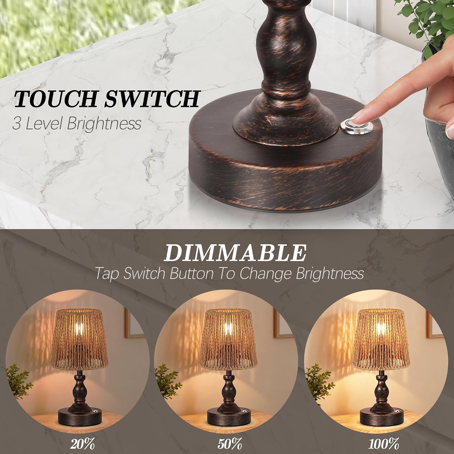 PARTPHONER Mini Cordless LED Table Lamp, 5200mAh Rechargeable Battery Operated Lamp, 3-Level Brightness, Touch Dimmable Desk Lamp, Bedside Night Light with Rattan Shade, Oil Rubbed Bronze