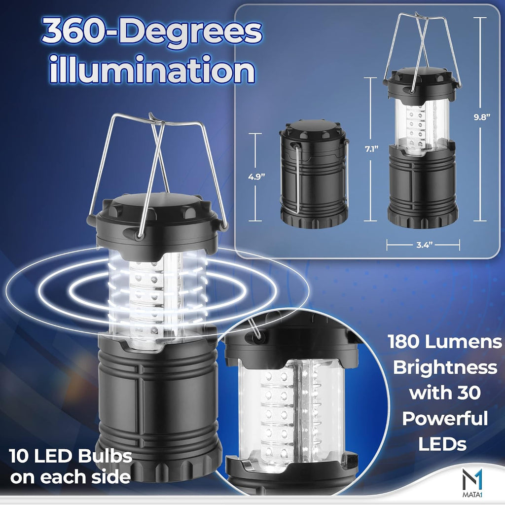Mata1-USA LED Camping Lanterns (Black, 2 Pack), Emergency Lights for Power Outages, Long-Lasting Battery-Powered Lights w/ 3 Adjustable Brightness Levels, Collapsible Lamps for Indoor & Outdoor Use