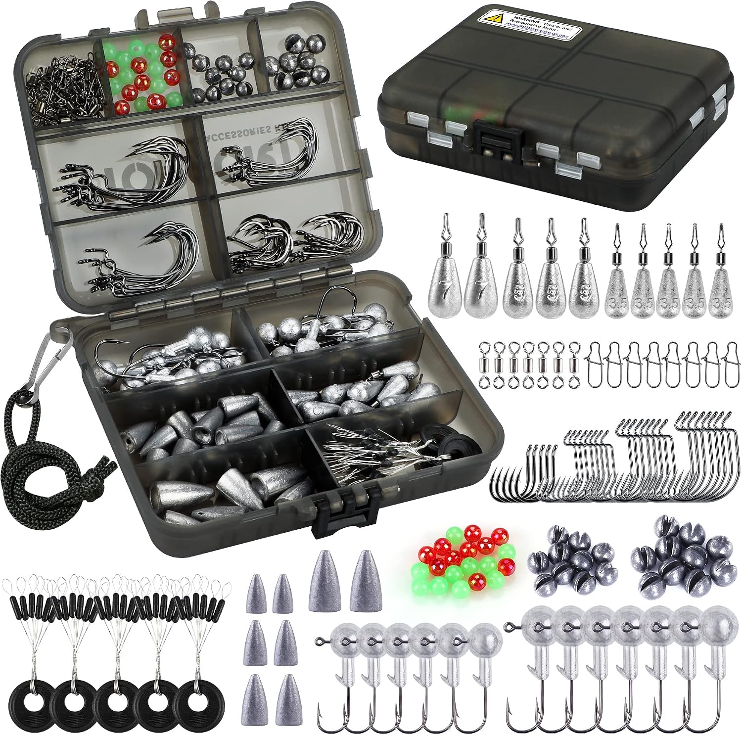 TOPFORT 187/343pcs Fishing Accessories Kit, Organized Fishing Tackle Box with Tackle Included, Fishing Hooks, Fishing Weights Sinkers, Fishing Gear and Equipment, Fishing Gift for Men