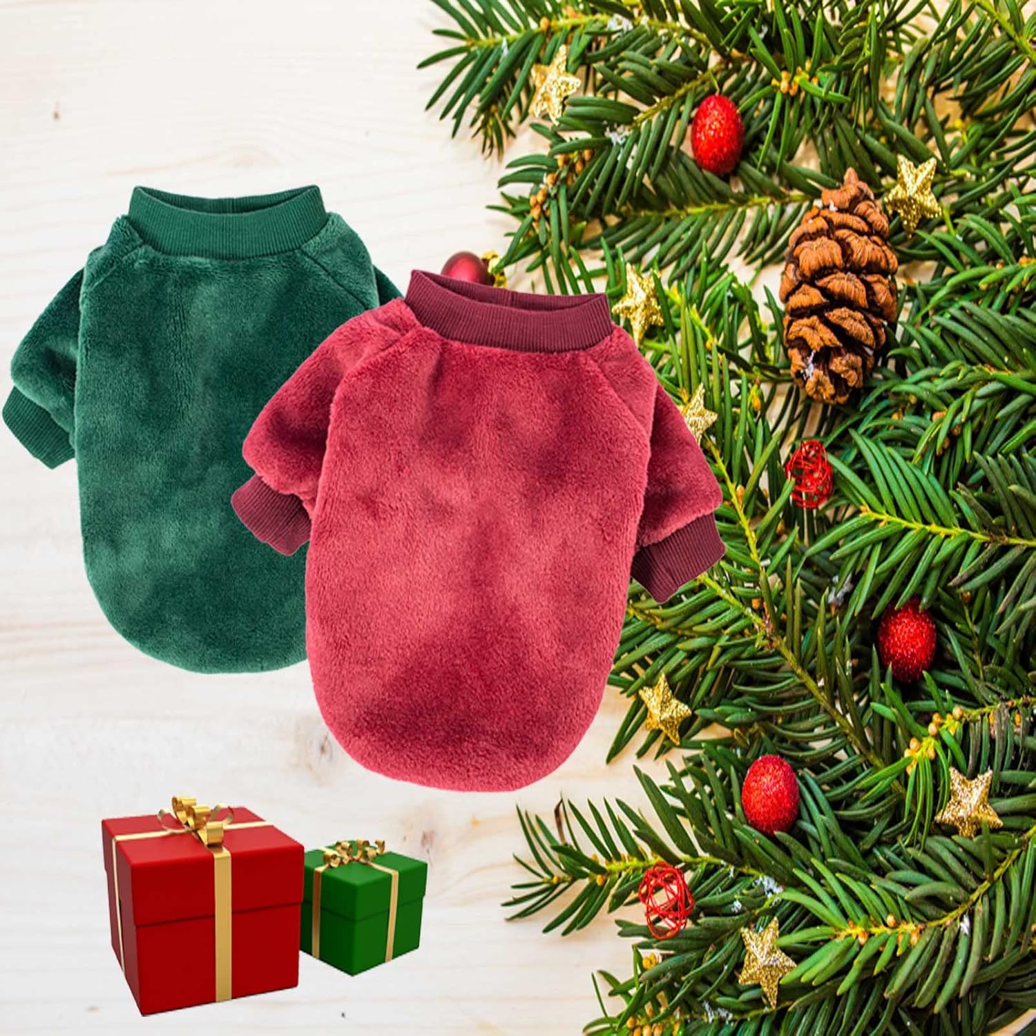 FabriCastle Christmas Dog Sweater, 2-Pack Dog Clothes, Soft and Warm Pet Jackets for Small Dogs & Cats, Winter Pet Apparel Costumes, Puppy Outfits (Dark red,Dark Green, Medium)