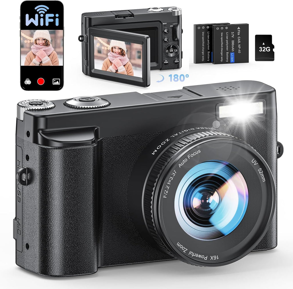 4K Digital Camera for Photography, with WiFi, 180° Flip Screen, 32GB Card