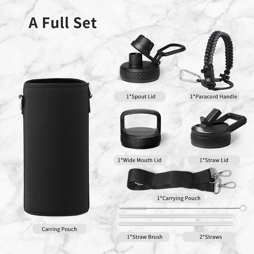 Trebo Insulated Water Bottle 32 oz with 3 Lids, Paracord Handle & Sleeve