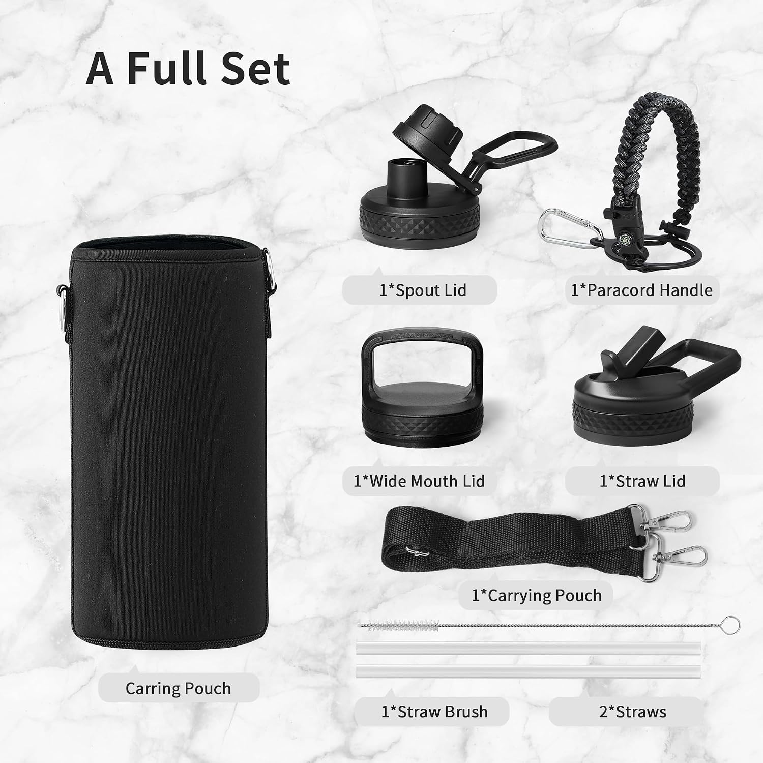 Trebo Insulated Water Bottle 32 oz with 3 Lids, Paracord Handle & Sleeve