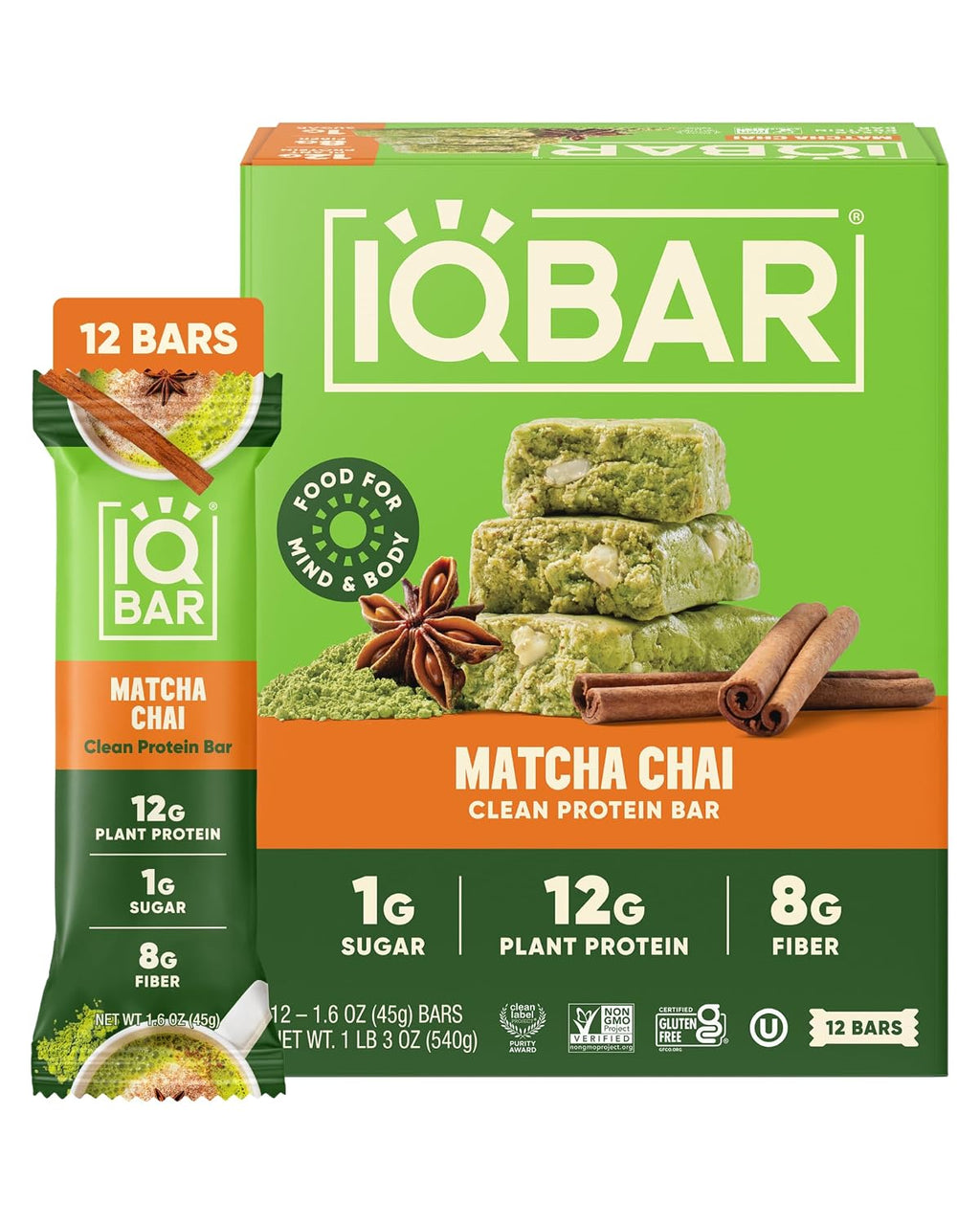 IQBAR Clean Protein Bars, Low Sugar Keto, Matcha Chai 12-Count