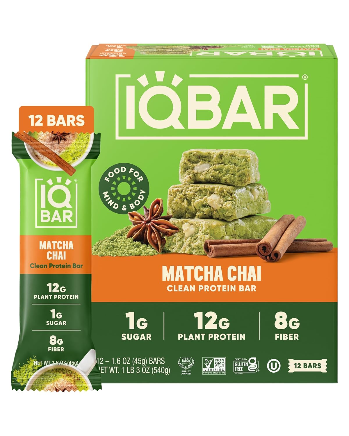 IQBAR Clean Protein Bars, Low Sugar Keto, Matcha Chai 12-Count