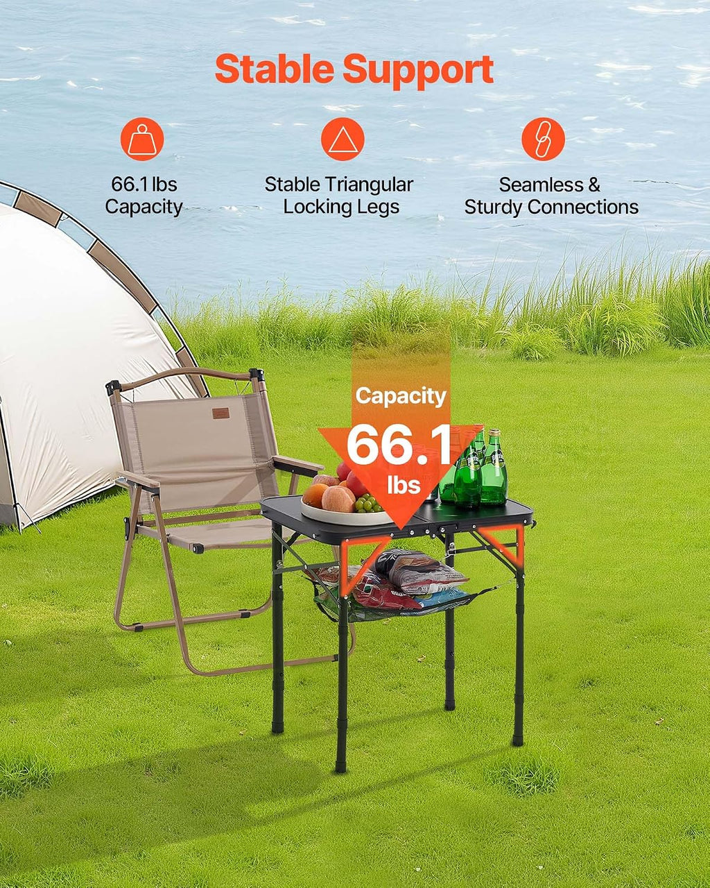 VEVOR Folding Camping Table, Adjustable Height Aluminum MDF Outdoor Portable Lightweight, for Cooking, Beach, Picnic, Travel, 24 x 16 inch
