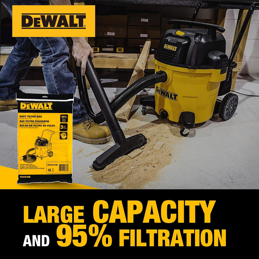 3 Pack DEWALT Dust Bag DXVA19-4102, for 12-16 Gallon Wet/Dry Vacuum, Filter Bag Compatible with DXV12P DXV14P DXV16P DXV16PA DXV16S