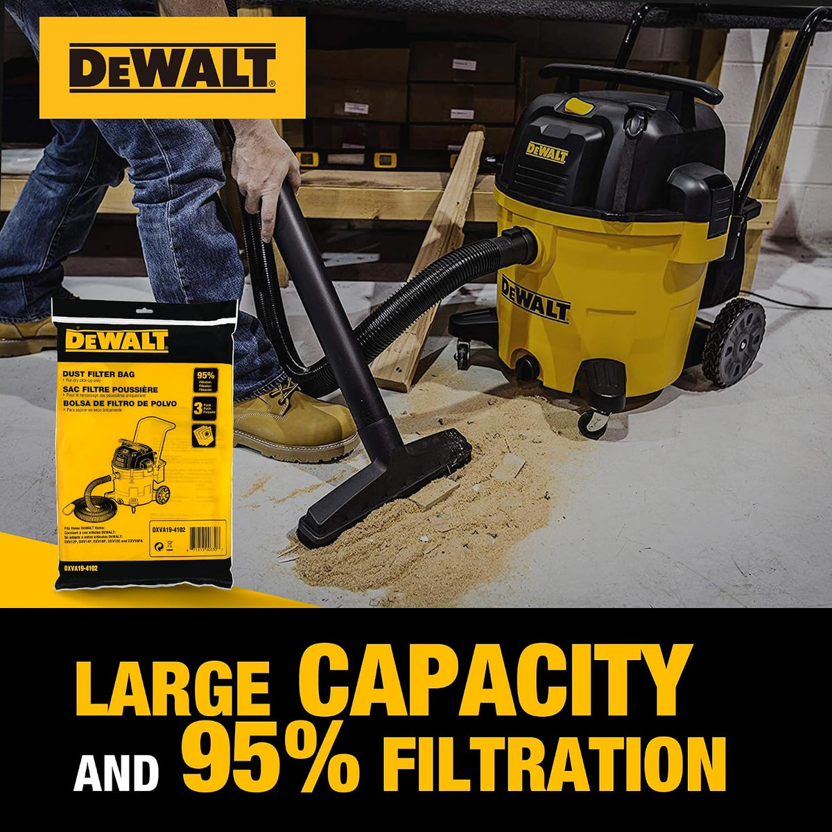 3 Pack DEWALT Dust Bag DXVA19-4102, for 12-16 Gallon Wet/Dry Vacuum, Filter Bag Compatible with DXV12P DXV14P DXV16P DXV16PA DXV16S