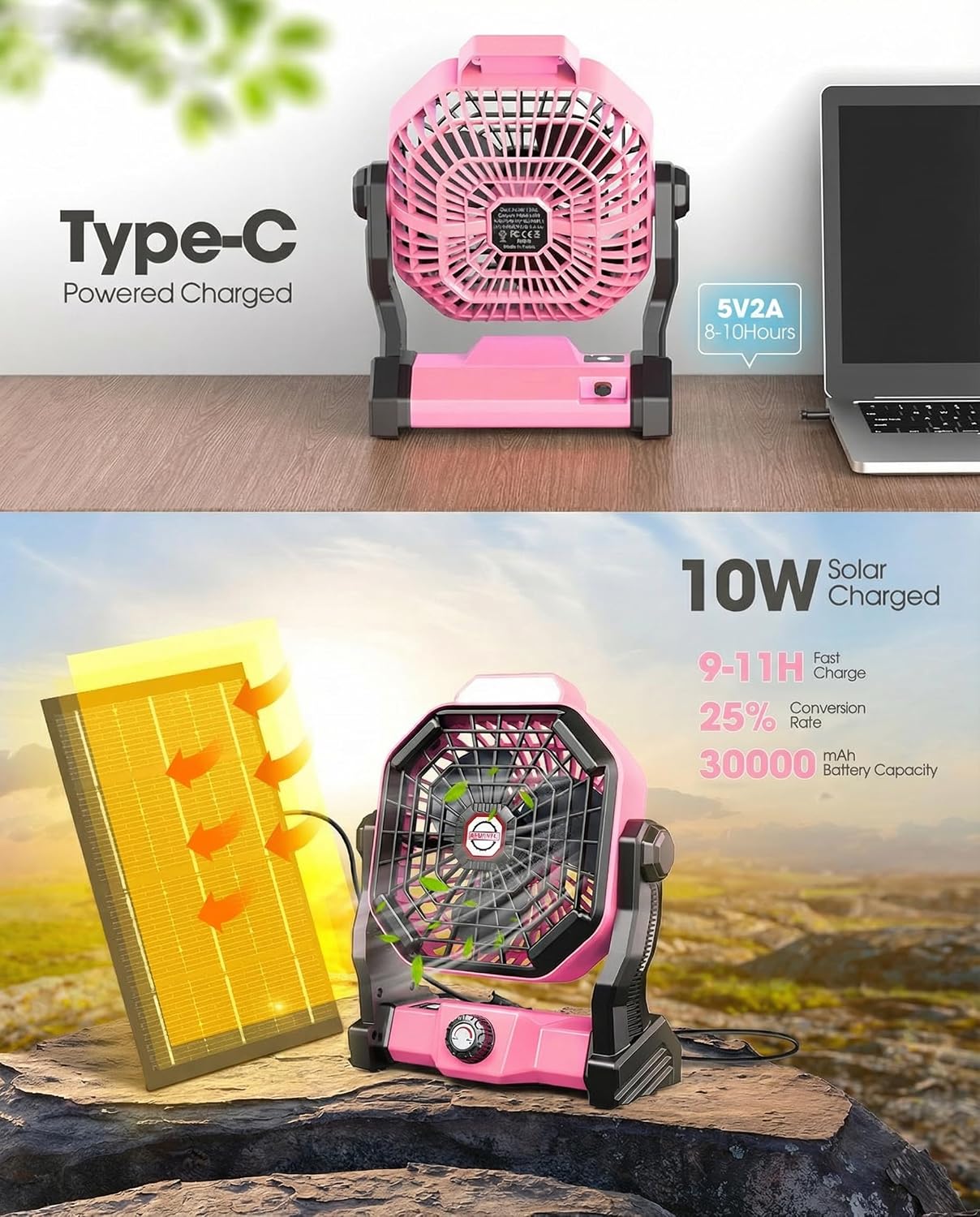 Solar Powered Fan,【Max 60H Runtime】Rechargeable Solar Camping Fans & Led Lantern,8-inch Portable Fan with Solar Panel,Battery Operated Powered Outdoor Tent Fans for Camping Essentials Accessories