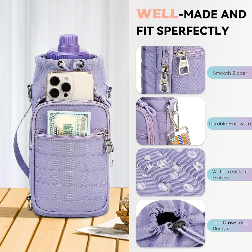 Water Bottle Carrier Bag with Strap Phone Pocket for Walking, Hiking, Cycling