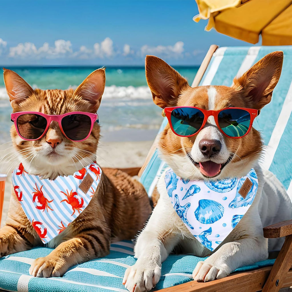 JarThenaAMCS 2Pcs Sea Dog Bandana Summer Ocean Animal Triangle Pet Scarf Double-Sided Adjustable Pet Neckerchief for Hawaiian Beach Party Decor Small Medium Large Cat Dog Costume Accessories