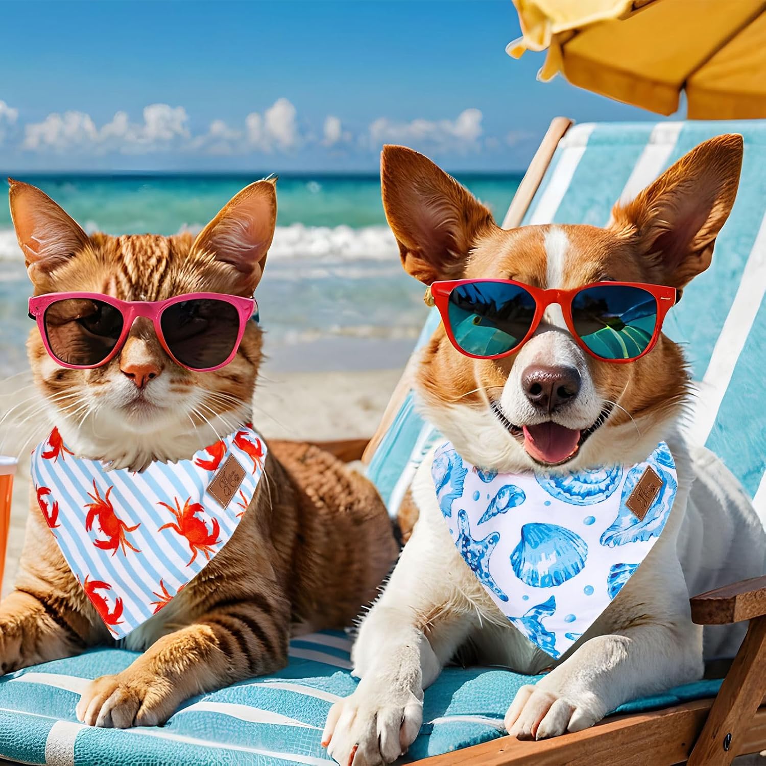 JarThenaAMCS 2Pcs Sea Dog Bandana Summer Ocean Animal Triangle Pet Scarf Double-Sided Adjustable Pet Neckerchief for Hawaiian Beach Party Decor Small Medium Large Cat Dog Costume Accessories