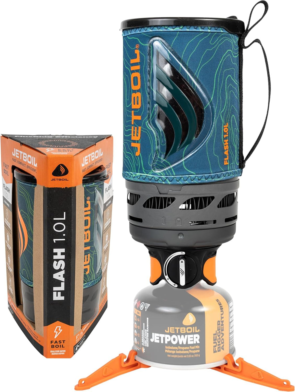 Jetboil Flash 1.0L Portable Fast Boil Stove for Camping and Backpacking with 1-Step Auto Ignition, Propane/Isobutane Burner with Cooking Cup, Ocean Topo