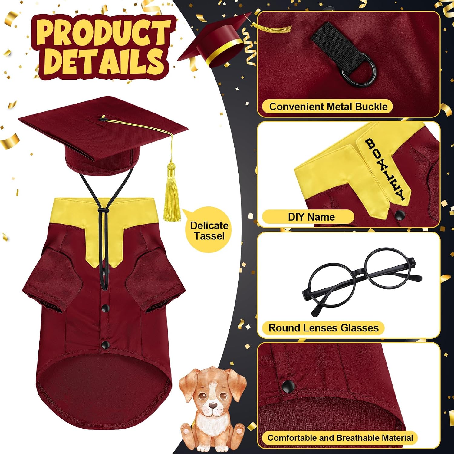 Huhumy 5 Pcs Dog Graduation Costume Set Include 2026 Pet Graduation Gown with Stole Puppy Grad Cap Lensless Glasses DIY Letter Stickers for Dogs Cats Holiday Costume Accessory(Maroon Yellow,S)