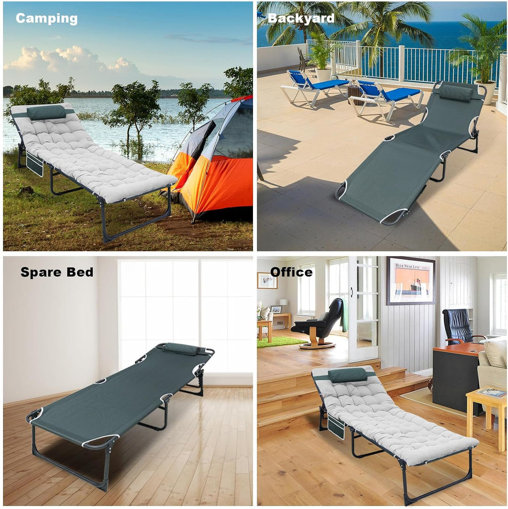 YELLOW JACKET Folding Camping Cot for Adults Adjustable 5-Position Portable Sleeping Cot Bed with Pillow and Removable Mattress Reclining Foldable Camp Cots for Outdoor,Home,Beach,Patio,Grey
