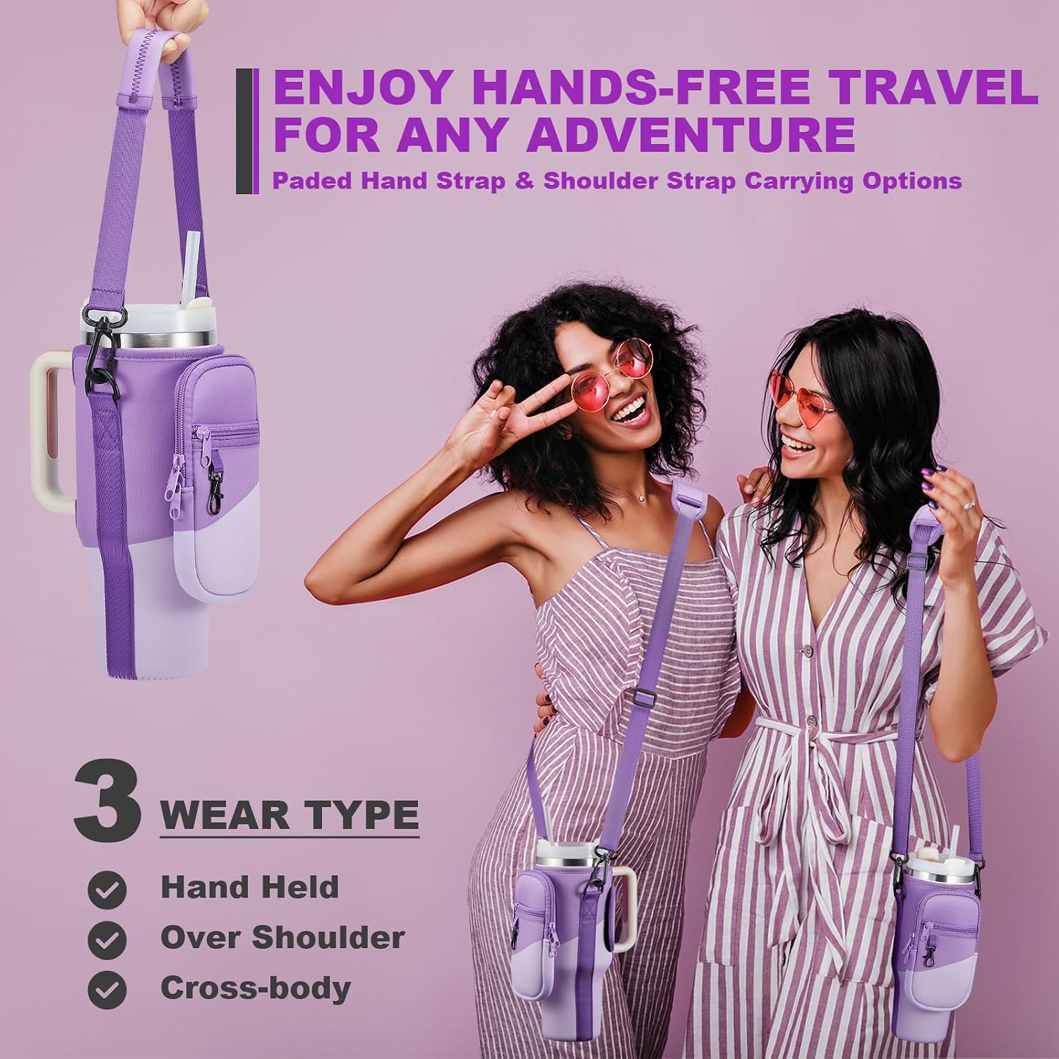 BULKITEM Water Bottle Carrier Bag with Phone Pocket for Stanley 40 & 30 oz Tumbler with Handle,Pink Insulated Neoprene Cup Holder Pouch w/Adjustable Strap for Quencher H2.0 Stanley Cup Accessories