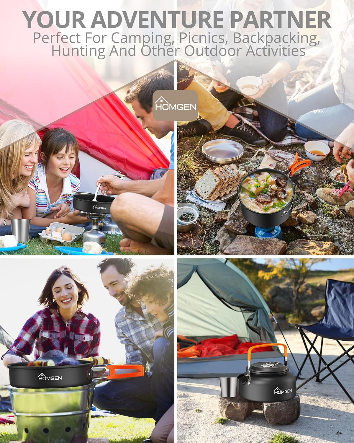 HOMGEN Portable Ultralight Anodized Aluminum Camping Cookware Set - Nesting Camping Pot and Pan-800ml Insulated Teapot-Carrying Bag-for Camping Hiking Picnic RV Trip