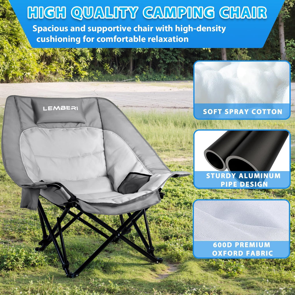 PRETZI Outdoor Oversized Camping Chair, Heavy Duty Support 500 LBS for Adults, Portable Folding Wide Lawn Chair with Headrest Support and Cup Holder, Low Camping Chair for Fishing, Garden, Grey