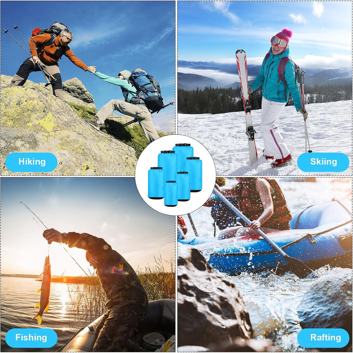 6 Pcs Waterproof Dry Bag Set for Kayaking & Camping,Blue