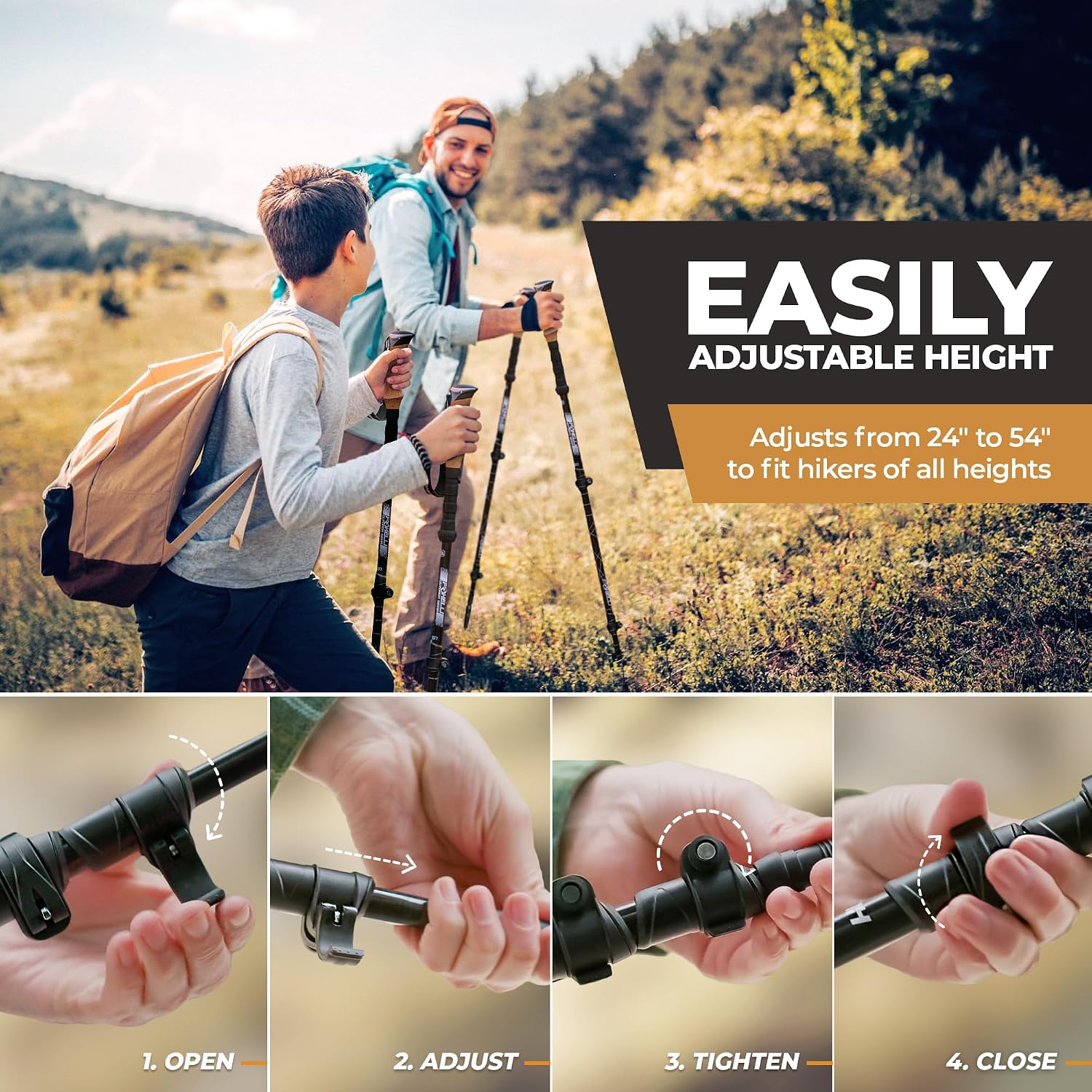 Foxelli Carbon Fiber Trekking Poles – Lightweight Collapsible Hiking Poles with Cork Grips, Quick Flip Locks & All-Terrain Accessories – Adjustable Height Hiking Sticks for Men & Women