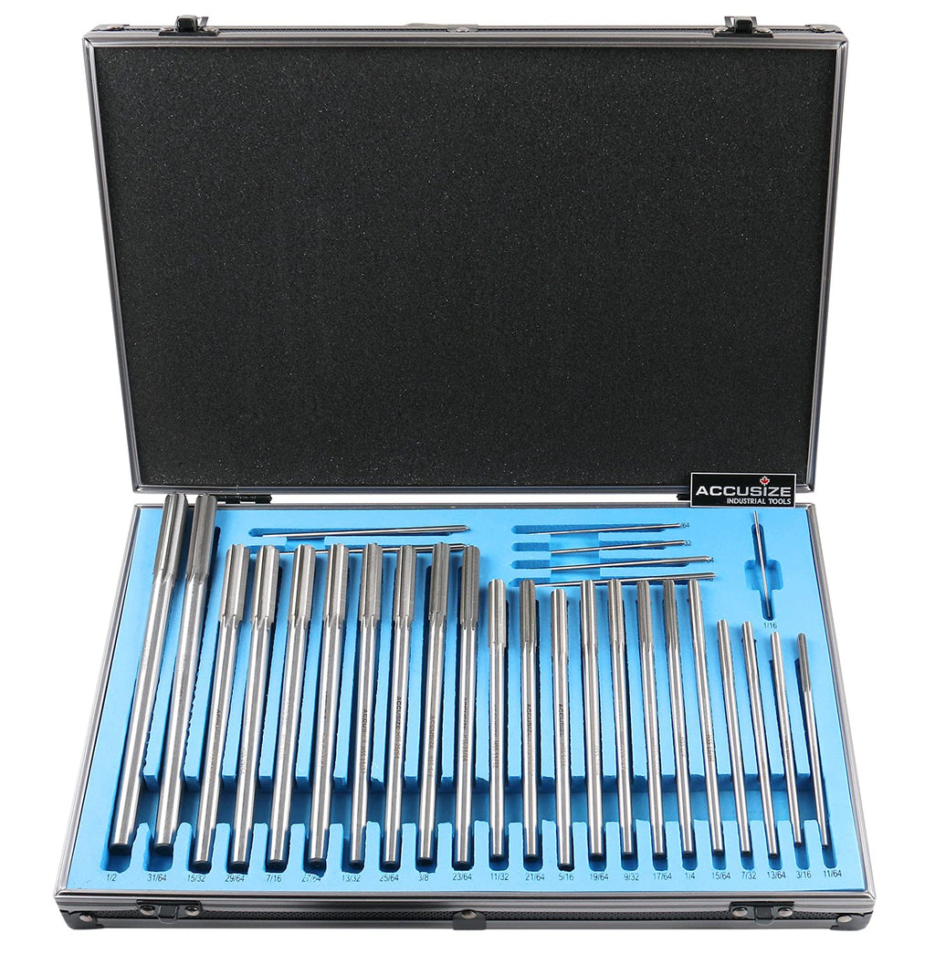Accusize Chucking Reamer Set, 1/16" to 1/2" by 1/64", 29 Pc