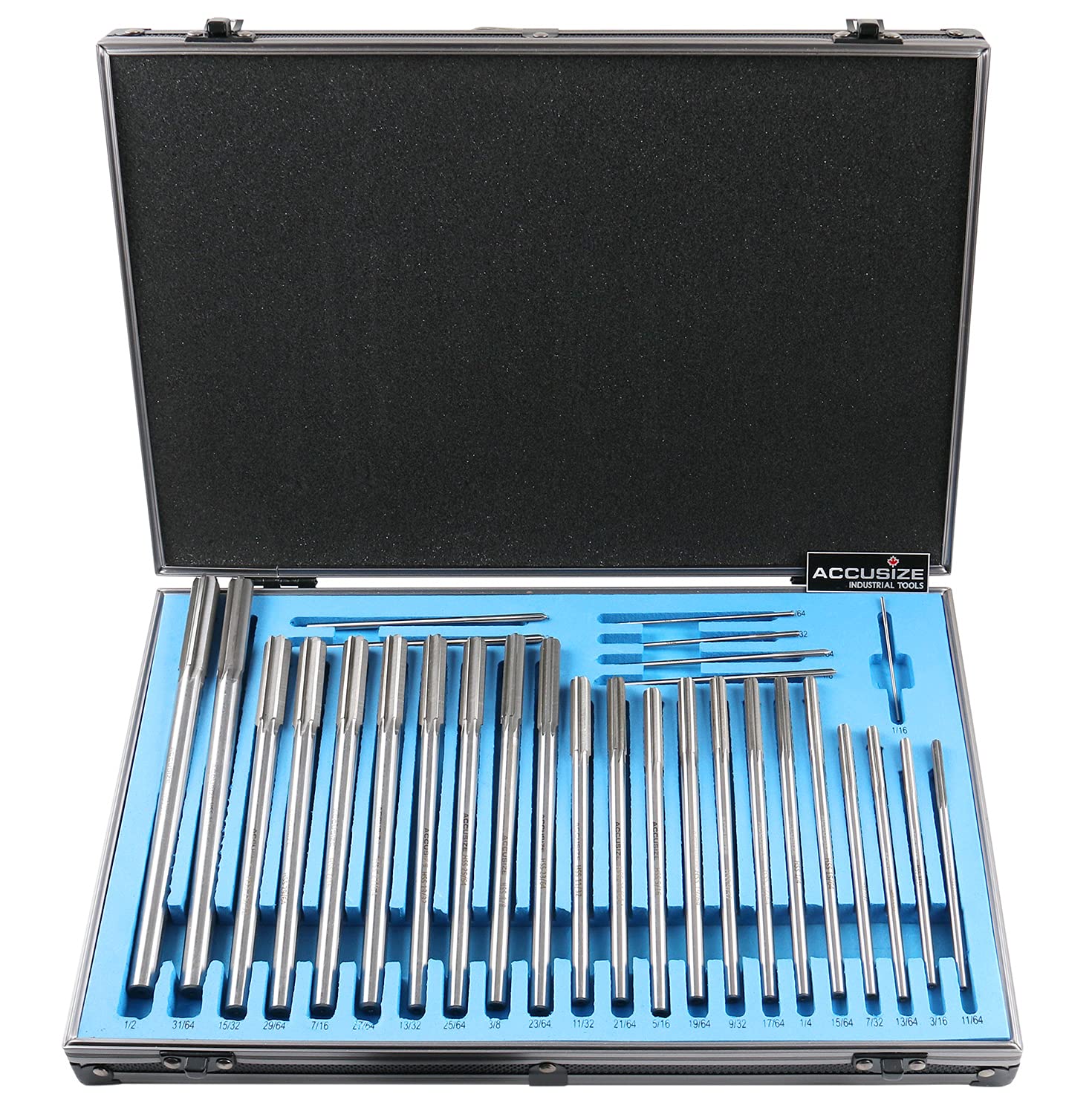 Accusize Chucking Reamer Set, 1/16" to 1/2" by 1/64", 29 Pc