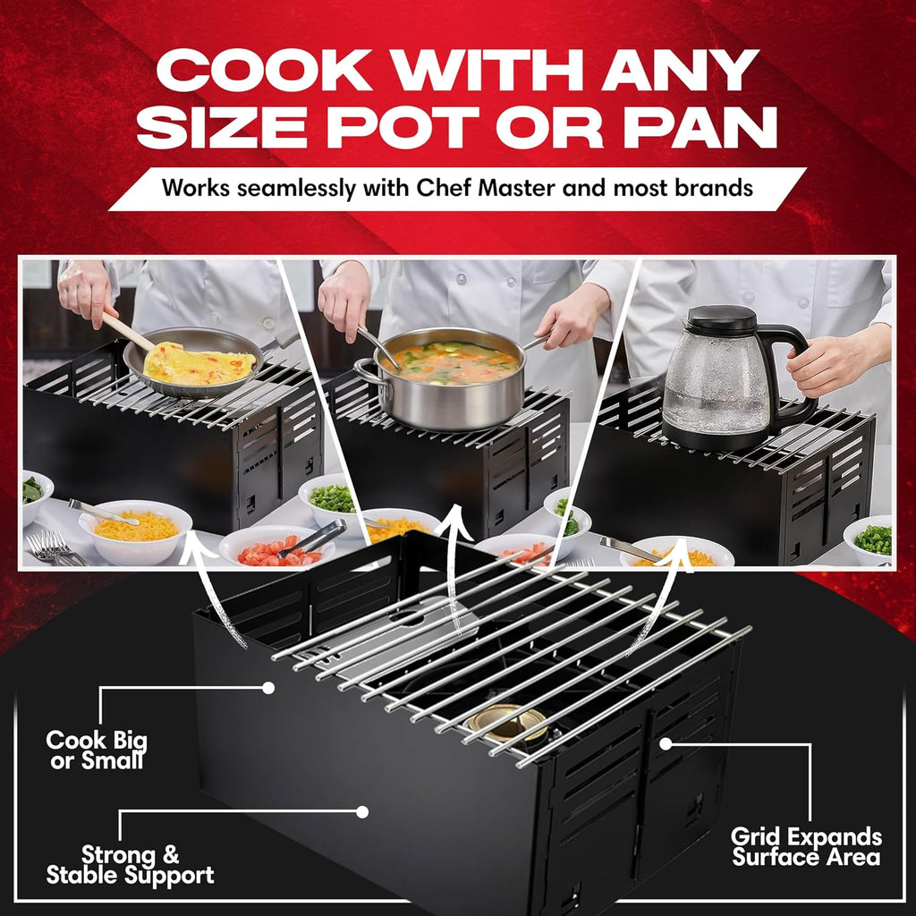 Chef Master Butane Stove Cover - Universal Fit for Any Standard Size - Premium Black Steel Collapsible Camp Wind Guard - Camping Windscreen & Grill Wind Blocker Panel - Outdoor Cooking Accessory 90278