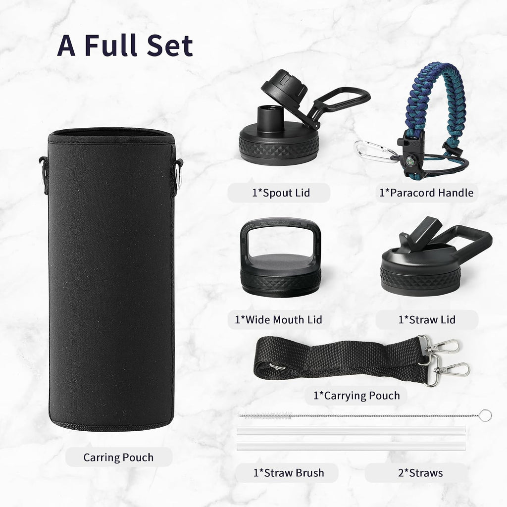 Trebo Water Bottle Insulated 40 oz with 3 Lids, Paracord Handle & Sleeve