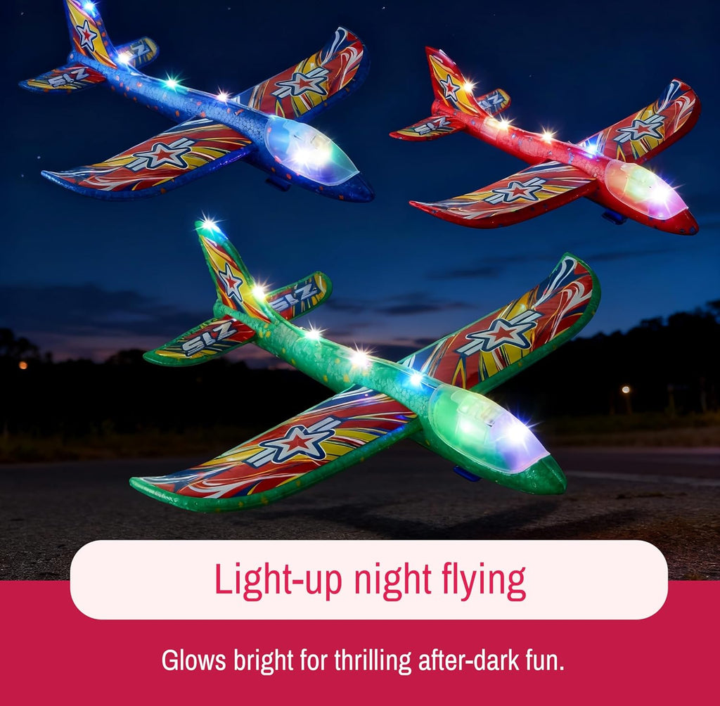 JOYIN LED Foam Glider Airplane Launcher Set, Included Light-Up Flying Planes and Handheld Launcher, Long Distance Outdoor Flying Game for Teens & Adults
