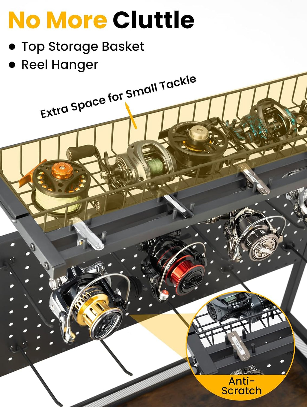 SOYEEZE Fishing Rod Holders for Garage,Fishing Gear Holder for Fishing Rod Tackle Box Storage，Fishing Pole Holders for 12 Rods with Hooks and Pegboard,Fishing Cart with Reel Rack, Large Size
