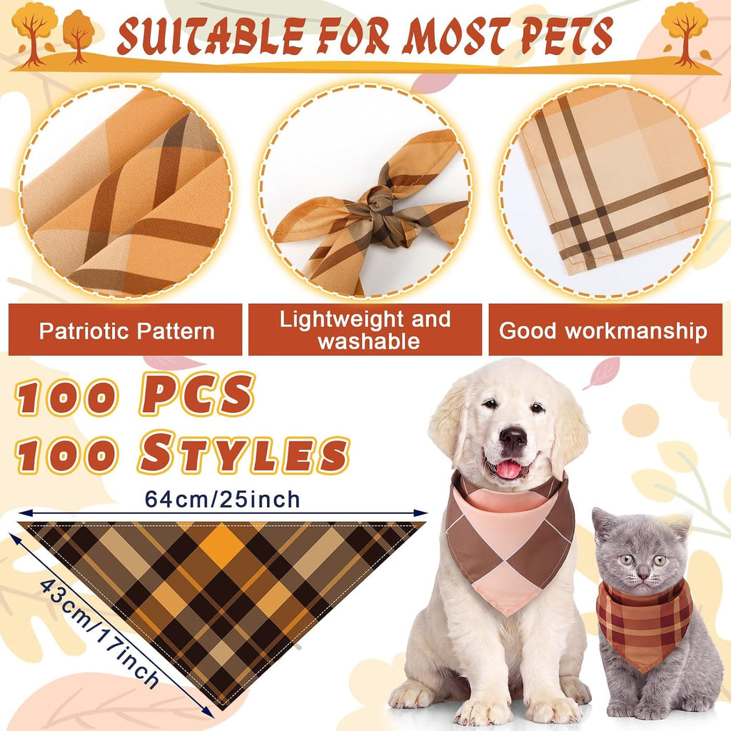 Huhumy 100 Pcs Fall Dog Bandanas Bulk Plaid Bandanas for Fall Dog Costume