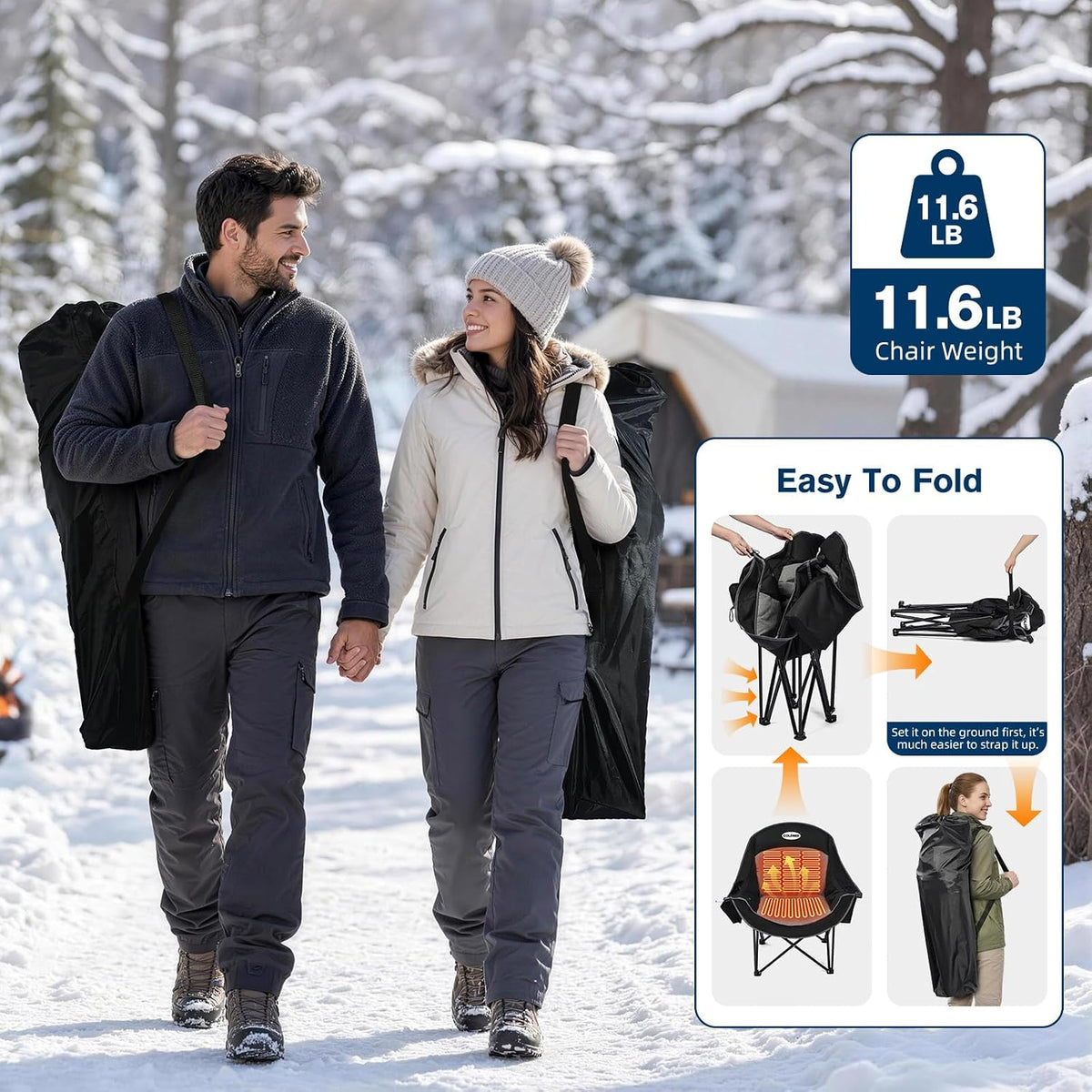 Heated Oversized Camping Chair, Heavy Duty Padded, Thick Headrest, Black