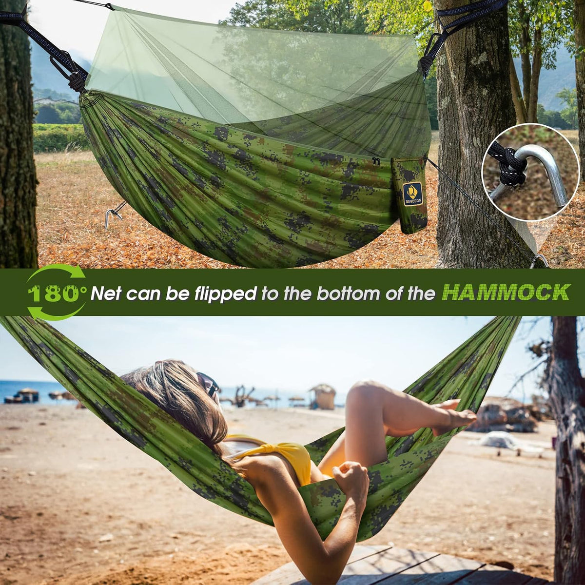 Camping Hammock with Net,Portable Lightweight Double Hammocks with Tree Straps and Solid D-Shape Hanging Hooks,Parachute Nylon Hammock for Backpacking Beach Backyard Patio Hiking