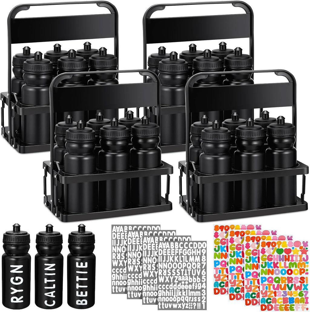 Suclain Squeeze Water Bottles with Carrier, 28 Pcs, Black