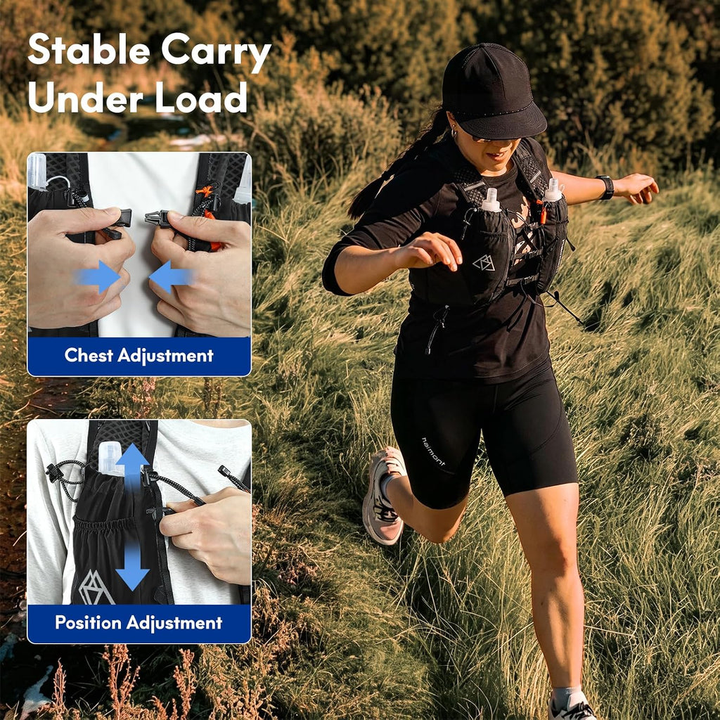 Haimont 10L Trail Running Hydration Vest with Soft Flasks | Reservoir Compatible, Bounce-Free Fit, Quick-Access Storage, Pole Carry, Whistle
