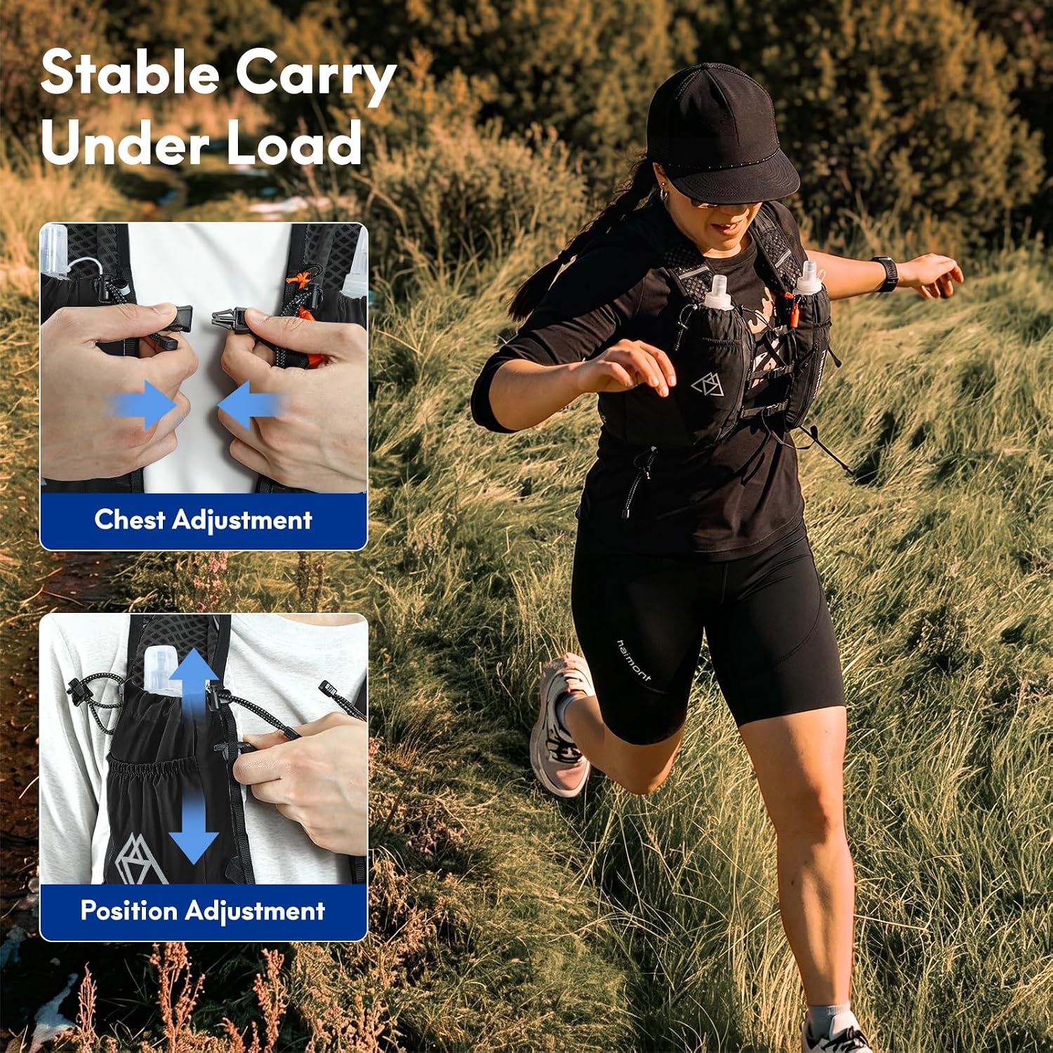 Haimont 10L Trail Running Hydration Vest with Soft Flasks | Reservoir Compatible, Bounce-Free Fit, Quick-Access Storage, Pole Carry, Whistle