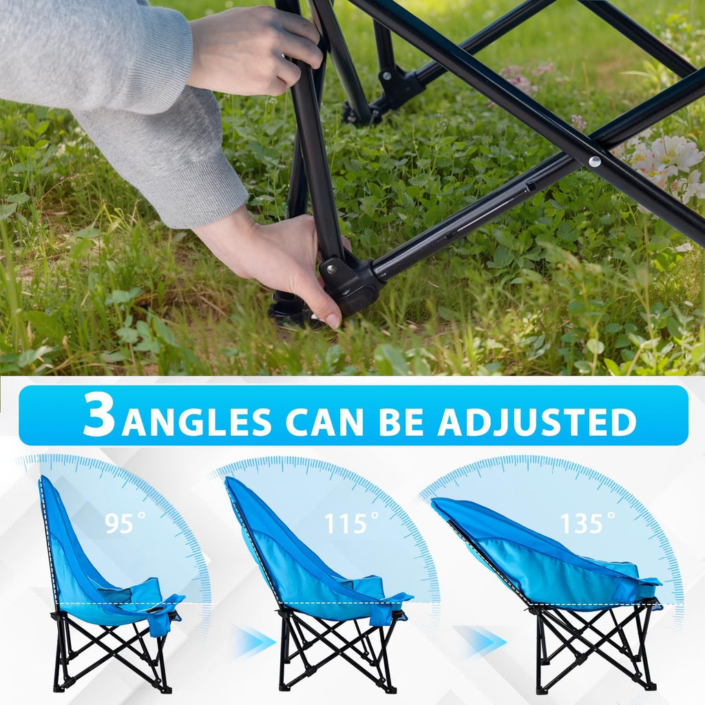 PRETZI Outdoor Oversized Camping Chair, Heavy Duty Support 500 LBS for Adults, Portable Folding Wide Lawn Chair with Headrest Support and Cup Holder, Low Camping Chair for Fishing, Garden, Blue
