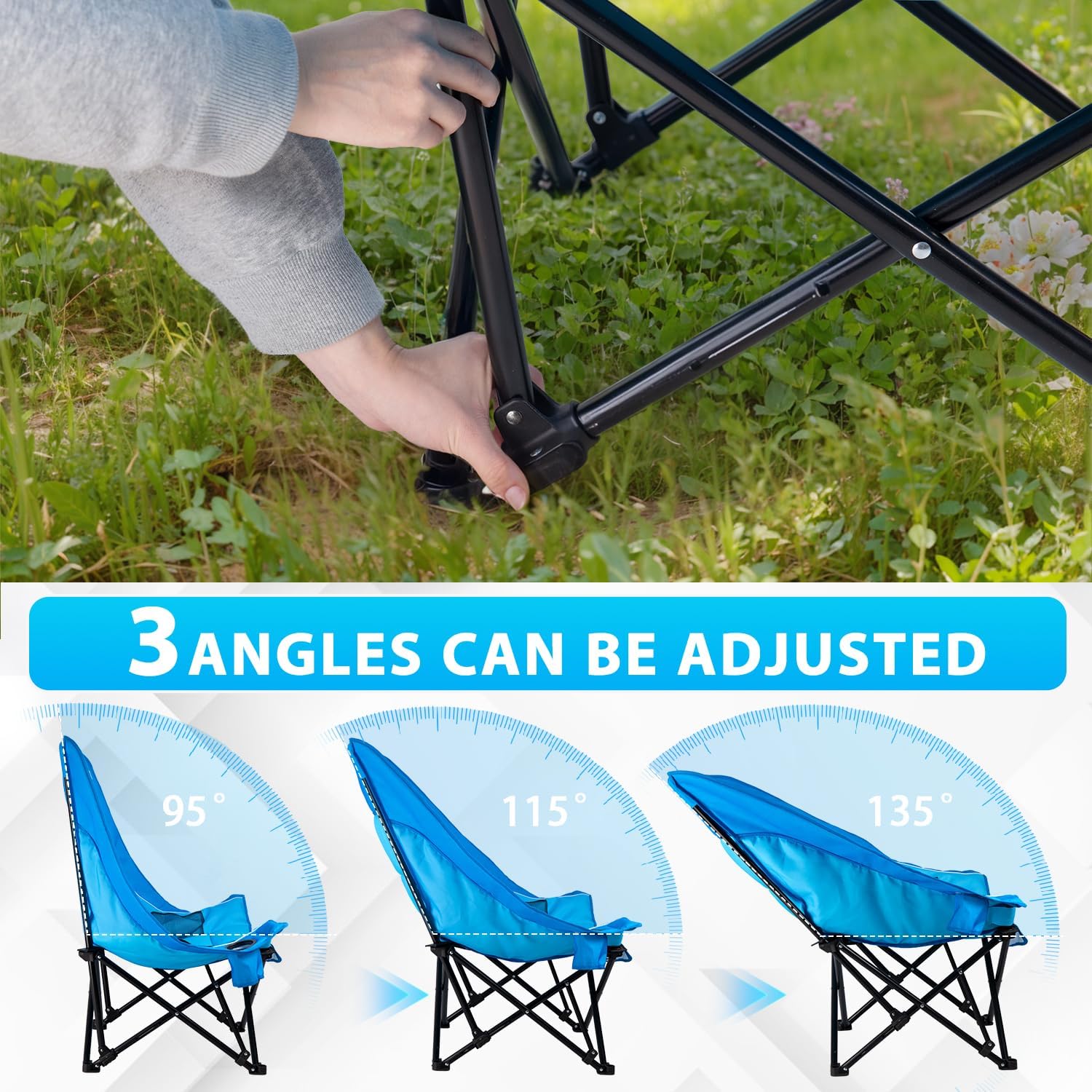 PRETZI Outdoor Oversized Camping Chair, Heavy Duty Support 500 LBS for Adults, Portable Folding Wide Lawn Chair with Headrest Support and Cup Holder, Low Camping Chair for Fishing, Garden, Blue