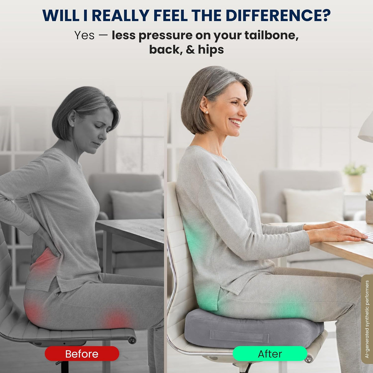 5 STARS UNITED Seat Cushion - Memory Foam Chair Cushion for Tailbone Pain Relief - Ergonomic Support for Coccyx, Sciatica & Butt - Office, Desk & Gaming Chair, Car Seat, Wheelchair, Airplane, L Gray
