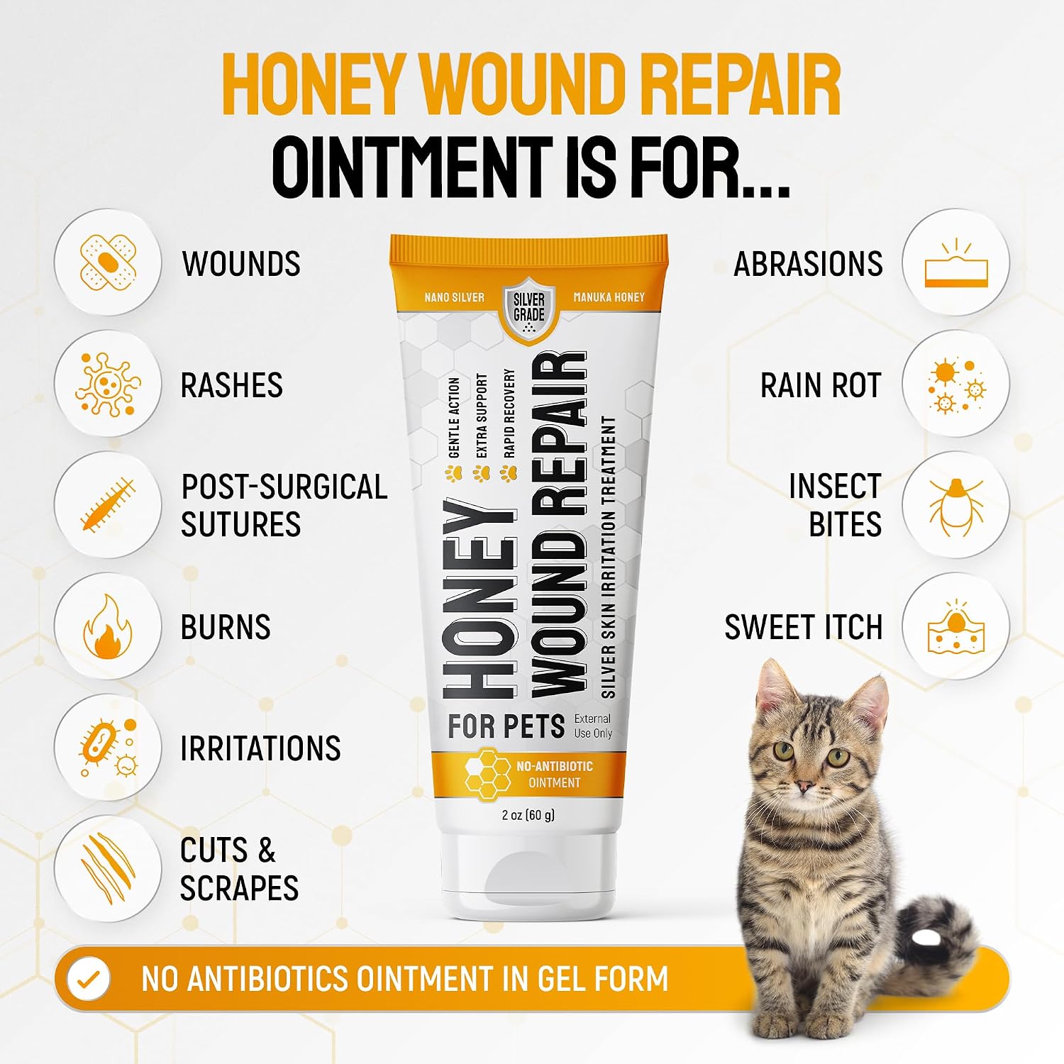Cat Wound Care Gel for Scratches, Bites & Irritations – Hot Spot Treatment for Cats & Kittens – Honey Wound Repair Ointment in Gel Form with Colloidal Silver & Manuka Honey for Topical Use – 2 Oz Tube