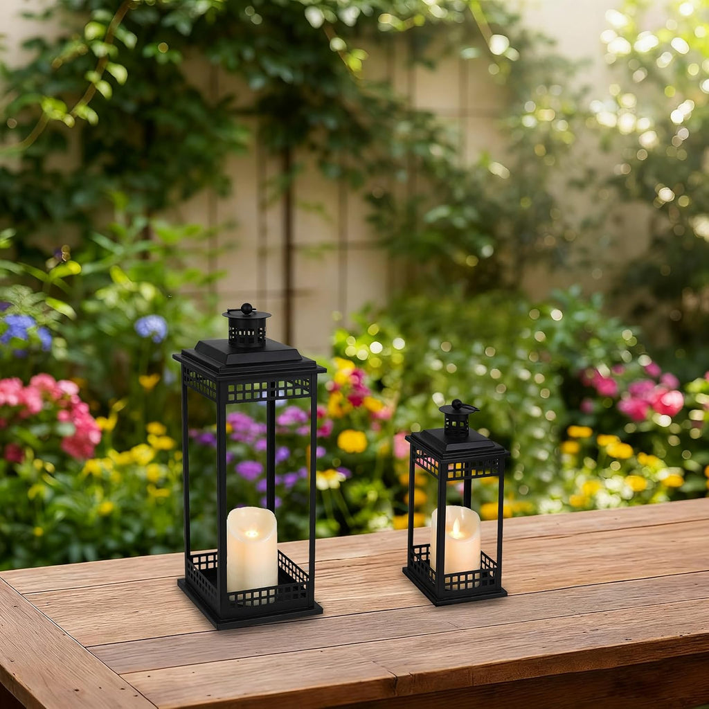 Decorative Candle Lanterns Set of 2, Black Metal for Indoor & Outdoor