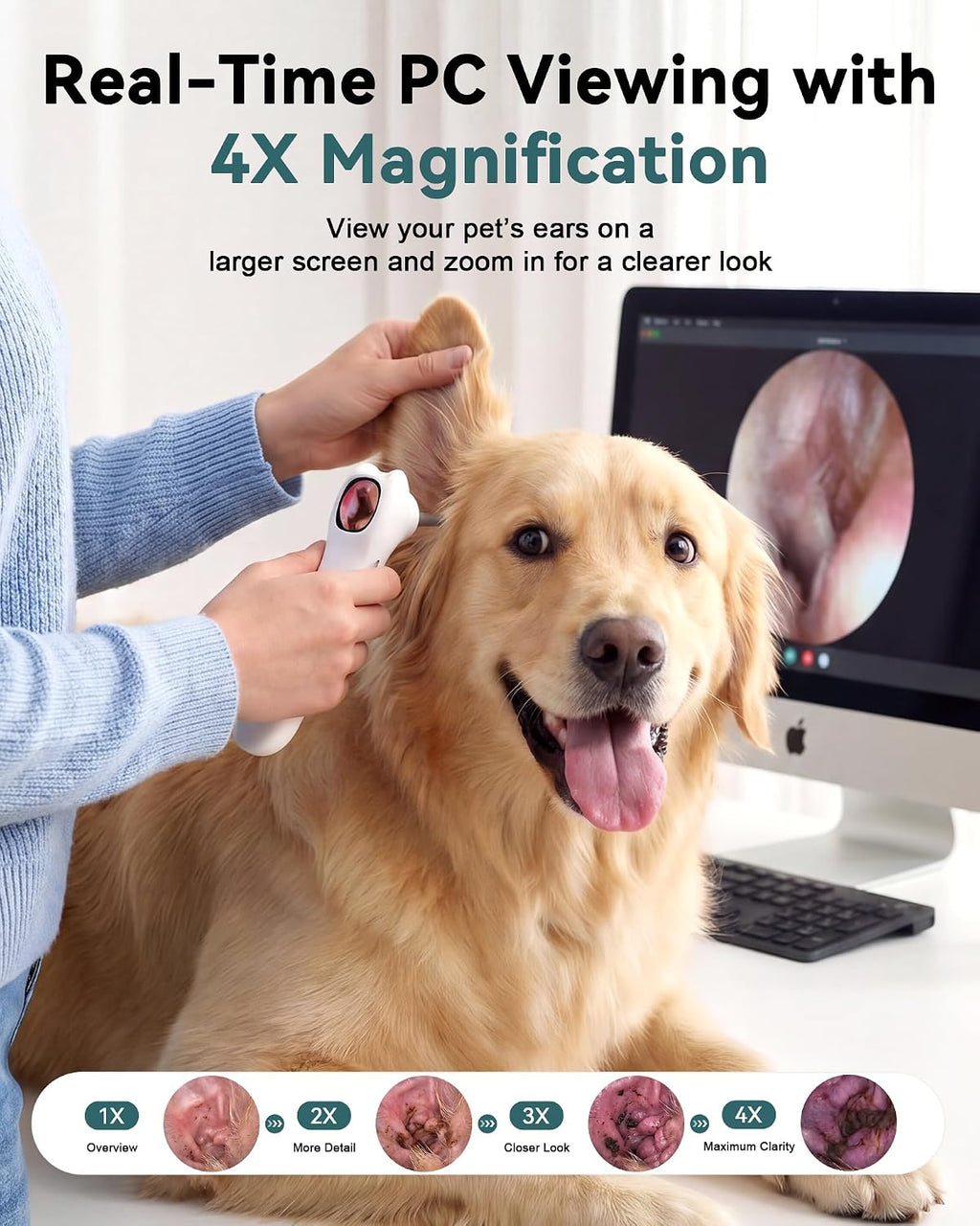 Pet Ear Camera Cleaning Kit with Screen, Dog &amp; Cat Ear Cleaner with 50 Finger Wipes, Gentle Soft Otic Ear Cleaning Pads, Helps Clean Dirt, Wax &amp; Odor-Causing Buildup, Non-Irritating, White