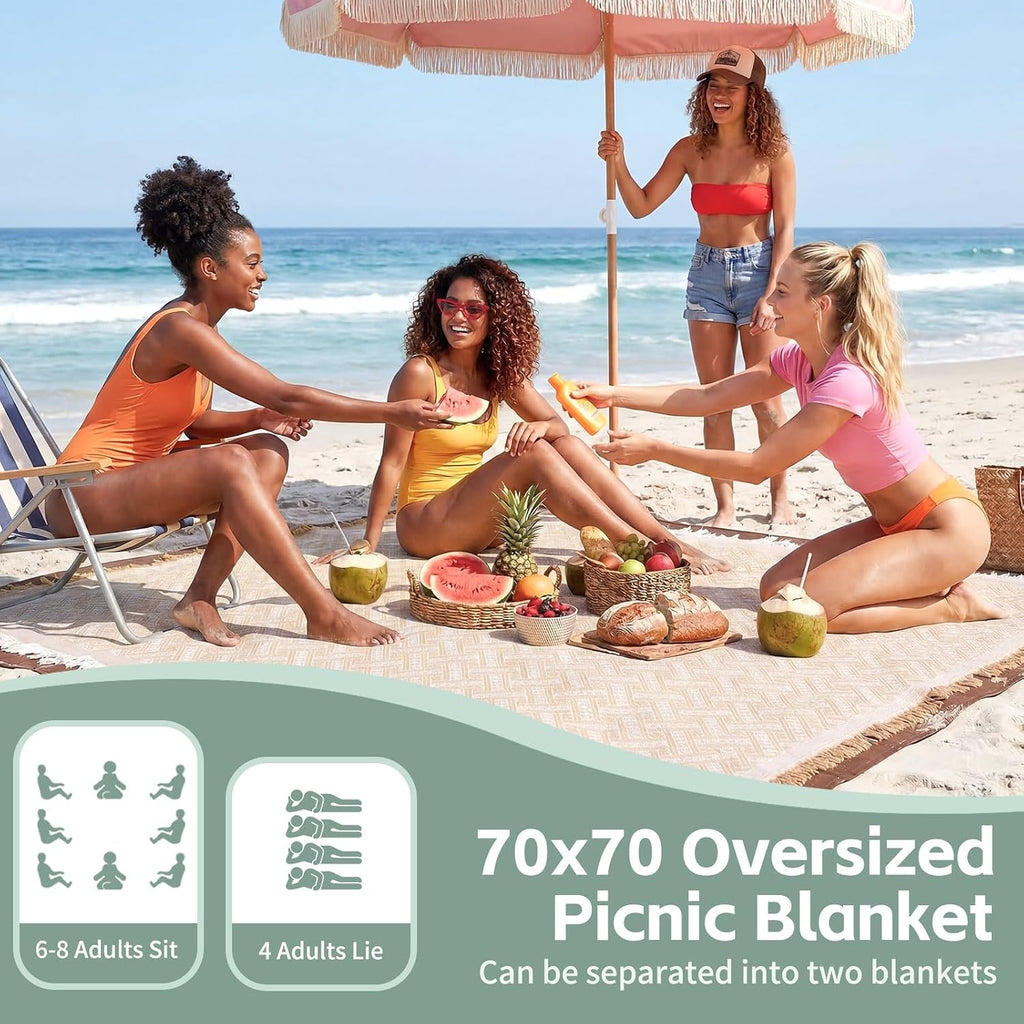 RYCHIC 2 in 1 Extra Large Boho Beach Blanket Towel Sand Free Outdoor Rug Picnic Mat Giant Oversized XL Jumbo Turkish Woven Throw Summer Vacation Essential Travel Must Have Accessories Women Gift