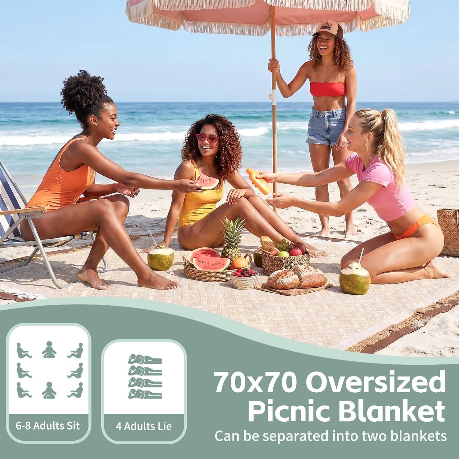 RYCHIC 2 in 1 Extra Large Boho Beach Blanket Towel Sand Free Outdoor Rug Picnic Mat Giant Oversized XL Jumbo Turkish Woven Throw Summer Vacation Essential Travel Must Have Accessories Women Gift