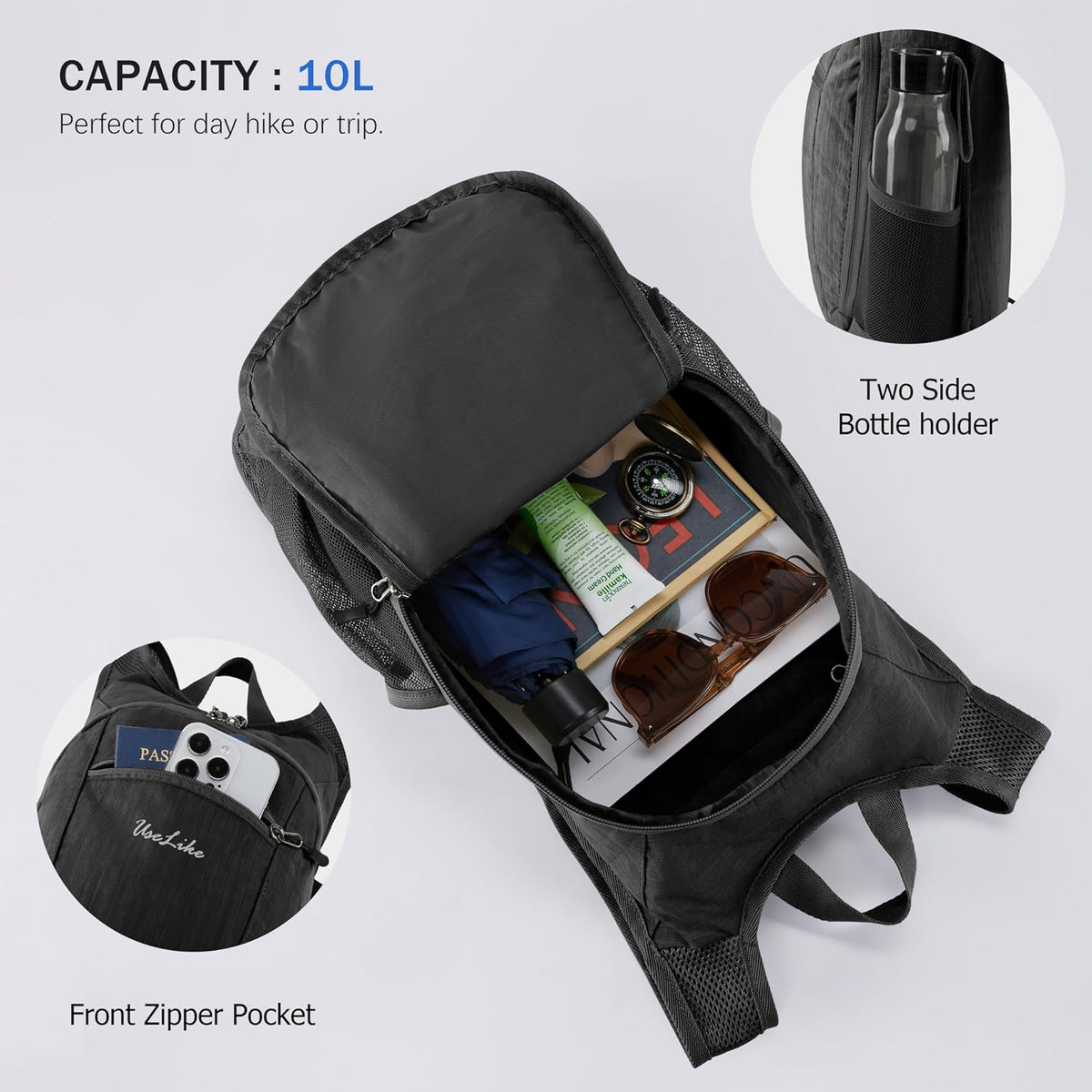 Uselike 10L Small Hiking Backpack Travel Daypack Lightweight Packable Back Pack for Women Men(Black)