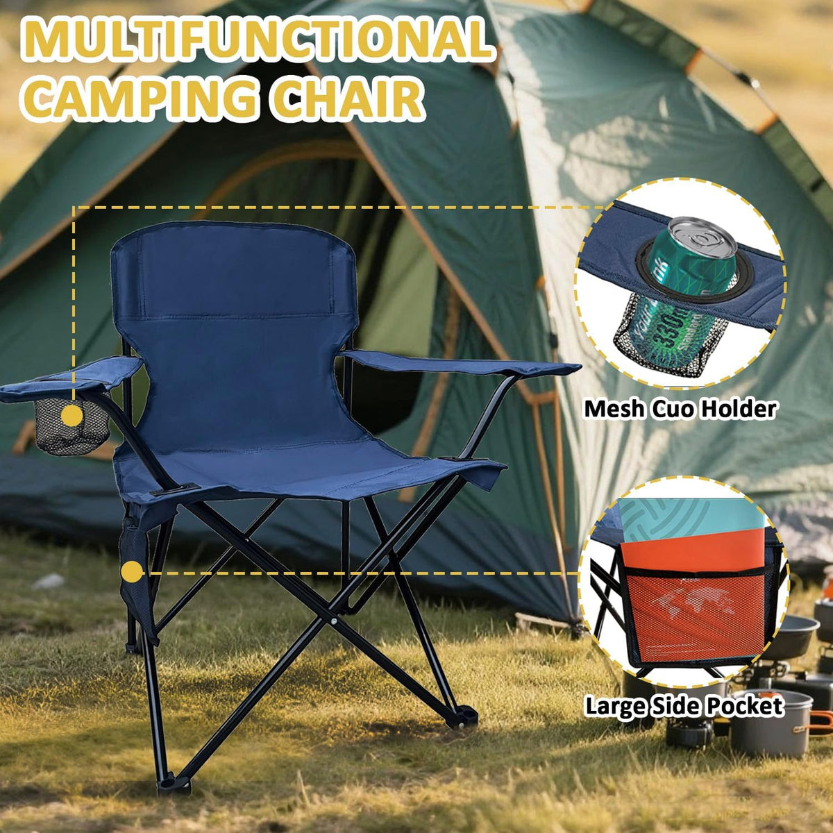 Camping Chair 2 Pack Portable Folding Chair, Supports 300lbs, Lightweight Stable Outdoor Chair for Camping Hiking Fishing Beach Travel Picnic, Compact Collapsible Camping Seat, Midnight Blue