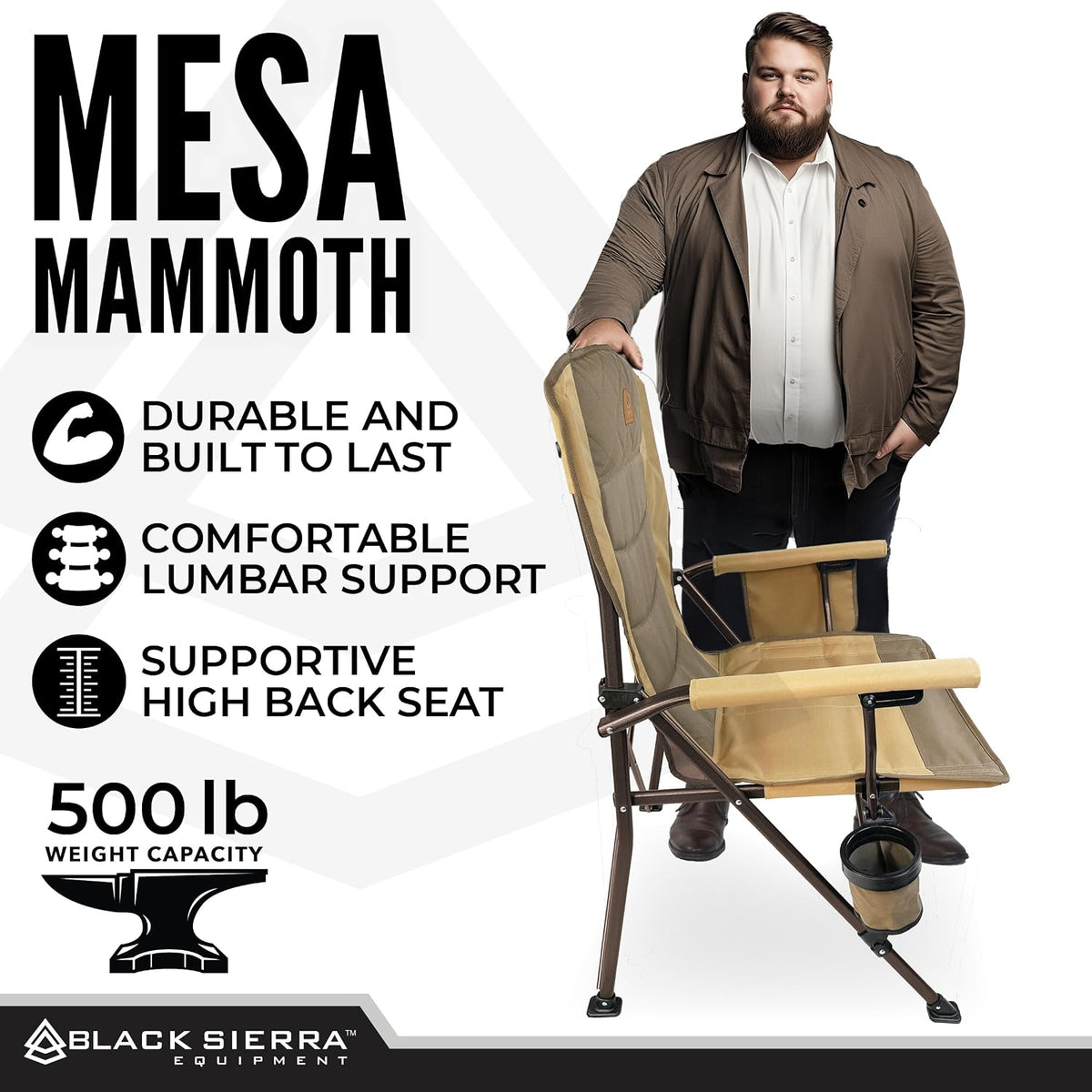 Black Sierra Oversize High Back Camping Chair for Adults, Supports 500 lbs, XL Heavy Duty Portable Folding Chair for Heavy People, Steel Frame Padded Outdoor Seat with Cup Holder and Carry Bag