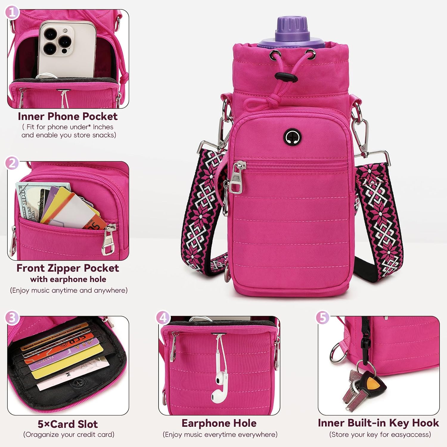 Water Bottle Carrier Bag with Strap Phone Pocket for Walking, Hiking, Cycling
